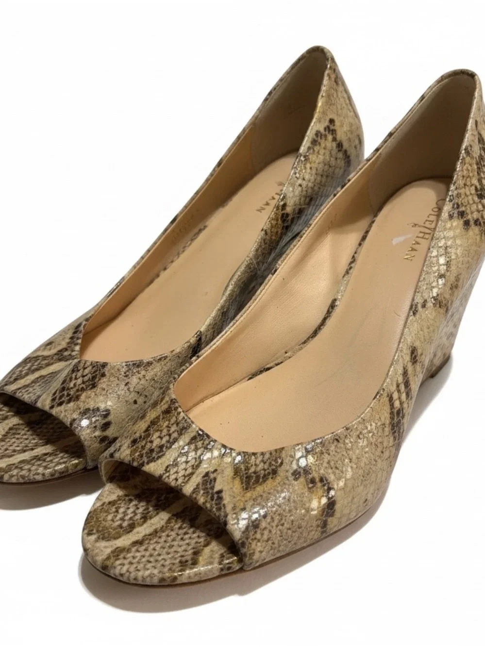 Cole Haan Beige Snake-Print Peep Toe Heels